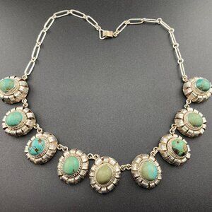 Vtg. Mexico Sterling Silver 9 Mount Turquoise 17" Necklace Collectible 64 Grams